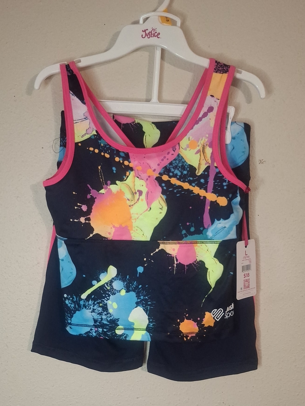 Justice Navy Tank & Shorts Set with Neon Paint-Splash and Pink Trim Large 12-14